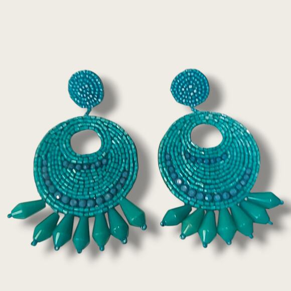 Kenneth J Lane KJL Turquoise Seed Bead Round Gypsy Hoop Drops Pierced Earrings - Picture 1 of 8